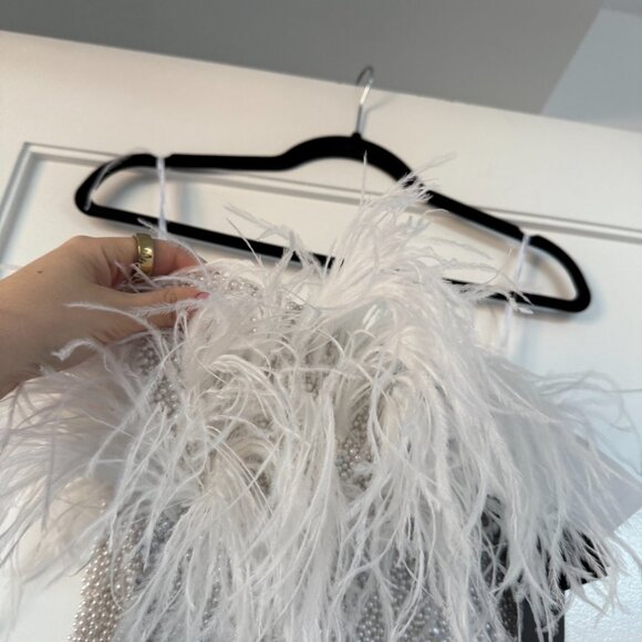 NWT Retrofete Ronit Pearl  Mini Dress Off Shoulder Bodycon Feather Trim Sz XXS - Picture 7 of 13